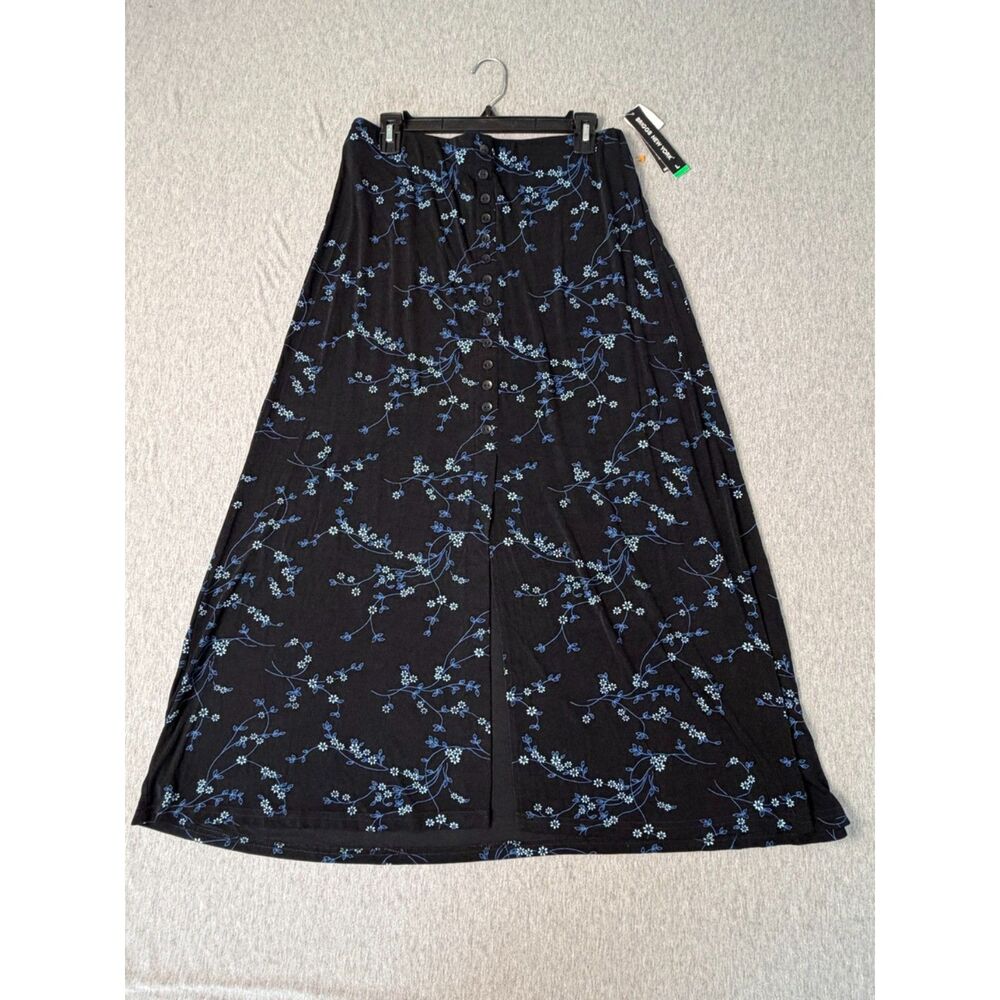 Briggs New York NWT L Black Blue Floral Maxi Skirt Button Front Whimsigoth